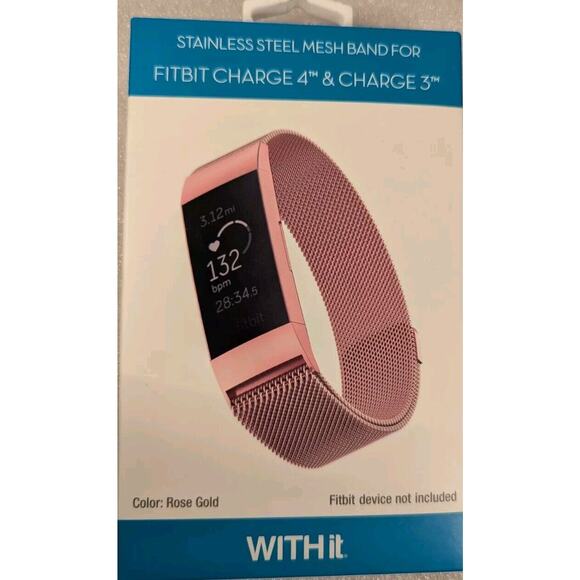 WITHit Stainless Steel Mesh BAND-For Use With FITBIT CHARGE 3~ Rose Gold - Picture 1 of 3
